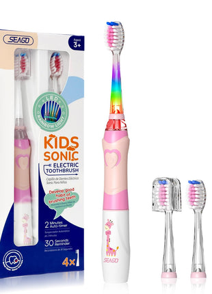 SEAGO Kids Electric Toothbrush with 2 Mins Timer and 4 Replacement Bursh Heads, Rainbow LED Light Make Brushing Fun, Pink Color Girls Battery Powerd for 4-12 Years Old，SG-977