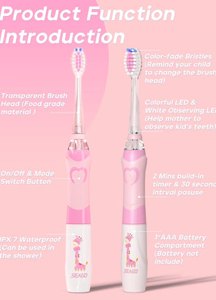 SEAGO Kids Electric Toothbrush with 2 Mins Timer and 4 Replacement Bursh Heads, Rainbow LED Light Make Brushing Fun, Pink Color Girls Battery Powerd for 4-12 Years Old，SG-977