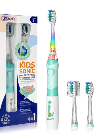 SEAGO Kids Electric Toothbrush with 2 Mins Brushing Timer and 4 Replacement Bursh Heads, Rainbow LED Light Make Brushing Fun, Green Color Boys Battery Powerd Toothbrush for 4-12 Years Old，SG-977