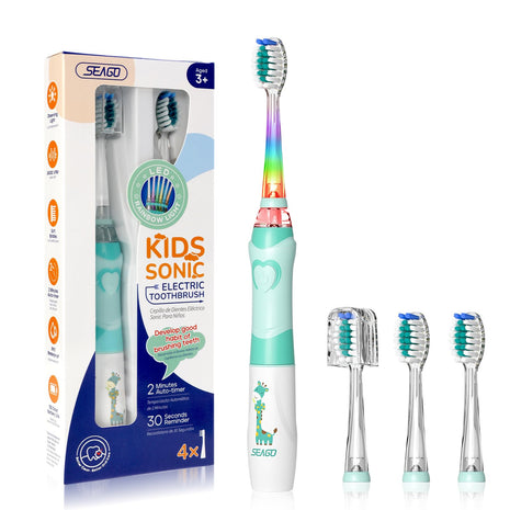 SEAGO Kids Electric Toothbrush with 2 Mins Brushing Timer and 4 Replacement Bursh Heads, Rainbow LED Light Make Brushing Fun, Green Color Boys Battery Powerd Toothbrush for 4-12 Years Old，SG-977