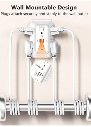USB Wall Charger Power Strip Surge Protector with 4 USB Ports (2 USB C) Plug Extension Multiple Outlets Plug Extension Multi Outlet Plug in Adapter Spaced Outlets for Home Office Travel,White (White)