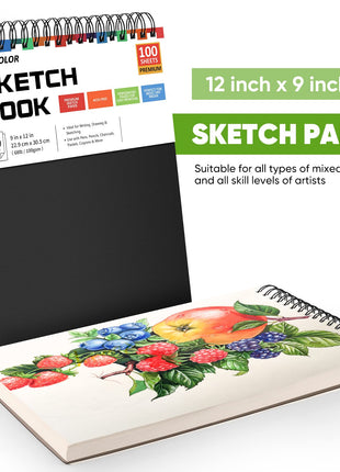 Soucolor 9" x 12" Sketch Book, 1-Pack 100 Sheets Spiral Bound Art Sketchbook, (68lb/100gsm) Acid Free Artist Drawing Book Paper Painting Drawing Writing Sketching Pad for Kids Adult Teens Girls Boys