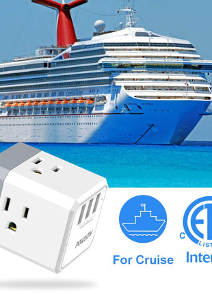 3-Outlet USB Wall Charger and Extender with 3-Way Splitter, ETL Listed - for Home, Office, Cruise Ship