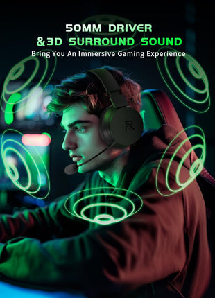 RYR Wireless Gaming Headset for Xbox Series X|S, Xbox One, PS5, PS4, Mac, Bluetooth 5.3, 3D Surround Sound, Rotatable Earmuffs, Gaming Headphones with Noise Canceling Microphones-Blackgreen