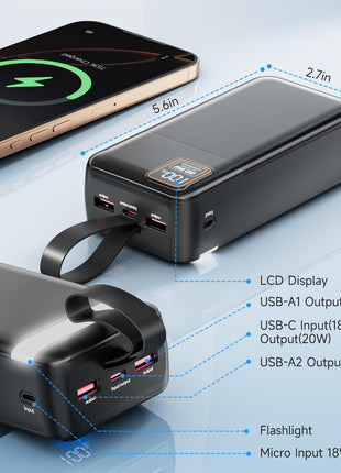 EnergyQC 42000mAh Portable Charger, 22.5W Power Bank with LED Flashlight - USB C Fast Charging External Battery Pack, LED Display Portable Phone Charger for iPhone 16/15/14/13, Android, Samsung,etc