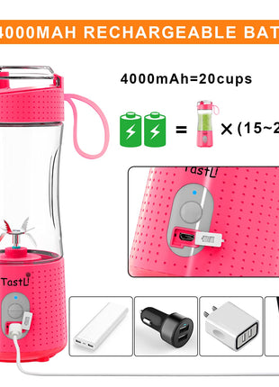 TastLi Portable Blender, USB Rechargeable Juice on the Go Personal Blender for Shakes and Smoothies with Ice Tray (Pink pro)