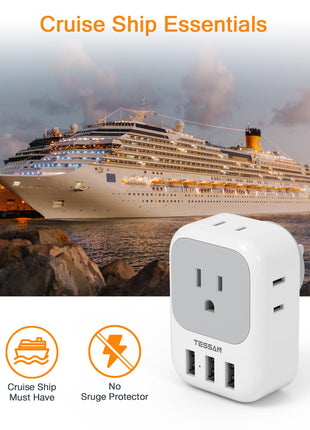 TESSAN USB Charger Block, Wall Plug Adapter with Electrical 4 Box Splitter 3 USB Wall Charger Ports, Multi Plug Outlet Extender Charging for Cruise, Travel, Office, Dorm Essentials