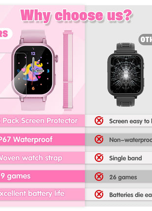 Wiszodet Kids Waterproof Smart Watch Girls Gift Age 3-12 with 39 Game HD Touch Screen Music Player Video Camera Pedometer Alarm Clock Birthday Gift for 6 7 8 9 Year Olds Pink