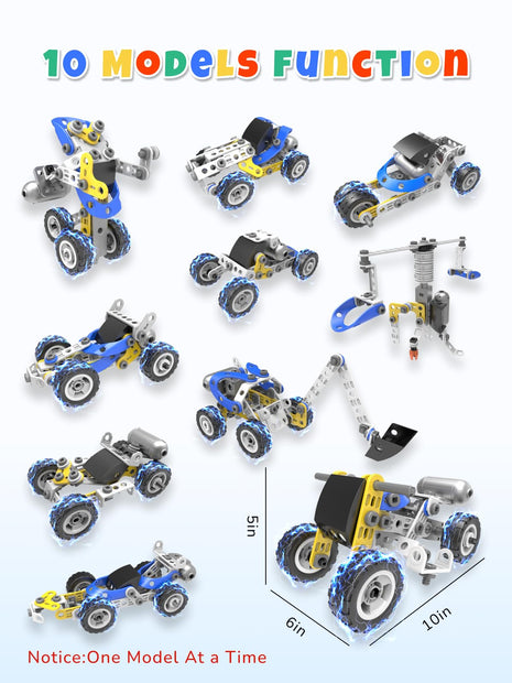STEM Toys for 5 6 7 8+ Year Old Boy, 10 in 1 Electric Building Toys for Kids Ages 4-8 5-7 6-8, Educational Racing Construction Science Kit for Boys 4-6 8-10, Creative Activities Holiday Birthday Gift