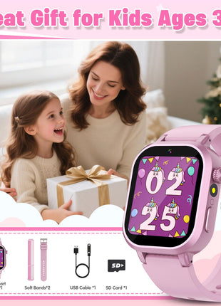 Wiszodet Kids Waterproof Smart Watch Girls Gift Age 3-12 with 39 Game HD Touch Screen Music Player Video Camera Pedometer Alarm Clock Birthday Gift for 6 7 8 9 Year Olds Pink