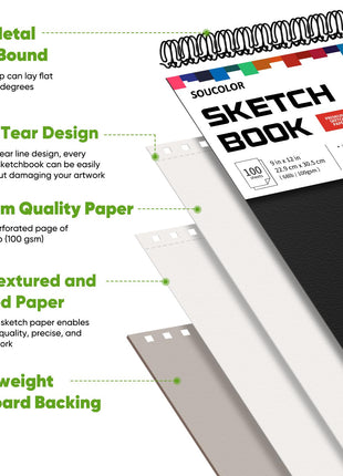 Soucolor 9" x 12" Sketch Book, 1-Pack 100 Sheets Spiral Bound Art Sketchbook, (68lb/100gsm) Acid Free Artist Drawing Book Paper Painting Drawing Writing Sketching Pad for Kids Adult Teens Girls Boys