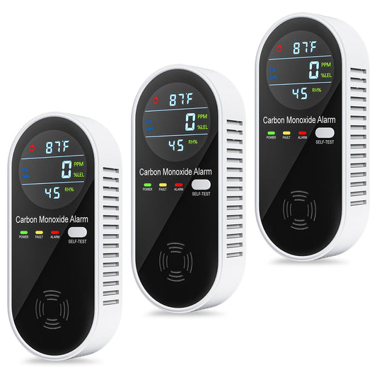 4-in-1 Combination Natural Gas Leak and Carbon Monoxide Detectors, Plug in CO Alarm with Temperature & Humidity LCD Display for Home and Travel (3 Packs)
