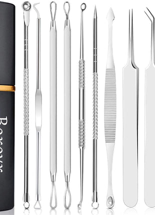 Pimple Popper Tool Kit - Boxoyx 10 Pcs Blackhead Remover Comedone Extractor Kit with Metal Case for Quick and Easy Removal of Pimples, Blackheads, Zit Removing, Forehead,Facial and Nose(Silver)