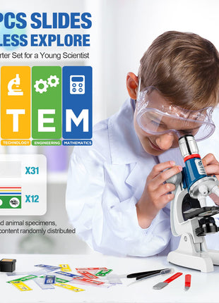 58-Piece Kids Microscope Kit - 100X-1200X Magnification, Metal Body, LED Light, Carrying Box - Science Experiment Toy for Kids Ages 5-12