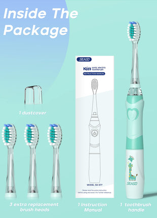 SEAGO Kids Electric Toothbrush with 2 Mins Brushing Timer and 4 Replacement Bursh Heads, Rainbow LED Light Make Brushing Fun, Green Color Boys Battery Powerd Toothbrush for 4-12 Years Old，SG-977