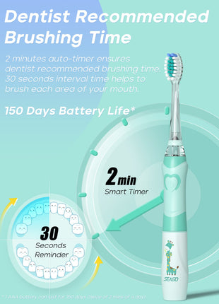 SEAGO Kids Electric Toothbrush with 2 Mins Brushing Timer and 4 Replacement Bursh Heads, Rainbow LED Light Make Brushing Fun, Green Color Boys Battery Powerd Toothbrush for 4-12 Years Old，SG-977