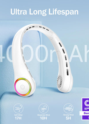 BeHoo Portable Neck Fan, Personal Fan with 4000mAh Battery, Rechargeable Neck Fan with 3 Speeds and 64 Cool Lights, Birthday Gifts for Men Women Mom Dad, Hands Free Cooling fan for Summer(White)