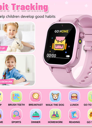 Wiszodet Kids Waterproof Smart Watch Girls Gift Age 3-12 with 39 Game HD Touch Screen Music Player Video Camera Pedometer Alarm Clock Birthday Gift for 6 7 8 9 Year Olds Pink