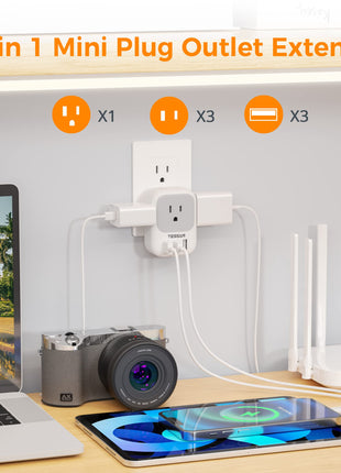 TESSAN USB Charger Block, Wall Plug Adapter with Electrical 4 Box Splitter 3 USB Wall Charger Ports, Multi Plug Outlet Extender Charging for Cruise, Travel, Office, Dorm Essentials