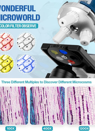 58-Piece Kids Microscope Kit - 100X-1200X Magnification, Metal Body, LED Light, Carrying Box - Science Experiment Toy for Kids Ages 5-12