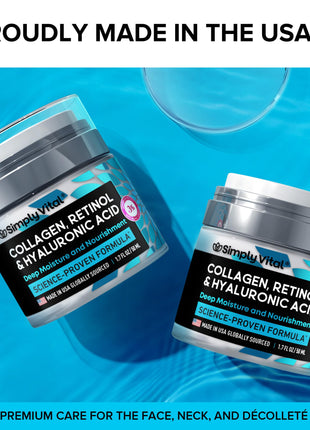 SimplyVital Collagen, Retinol & Hyaluronic Acid Cream - Anti-Aging Face Moisturizer for Face, Firming Skin Care Neck & Décolleté - Made in USA, Daily Moisturizer Face Cream Day & Night - 1.7 fl.oz.