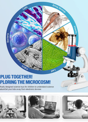 58-Piece Kids Microscope Kit - 100X-1200X Magnification, Metal Body, LED Light, Carrying Box - Science Experiment Toy for Kids Ages 5-12