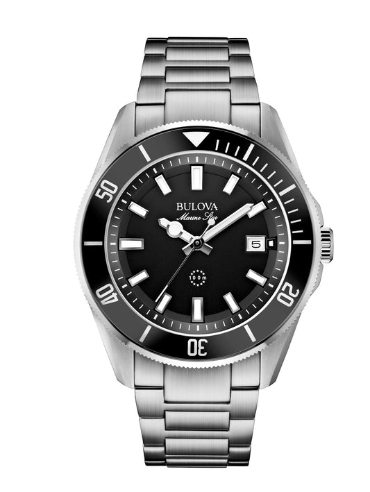 Bulova Men's Marine Star 'Series B' Stainless Steel 3-Hand Calendar Quartz Watch, Black Dial Style: 98B203
