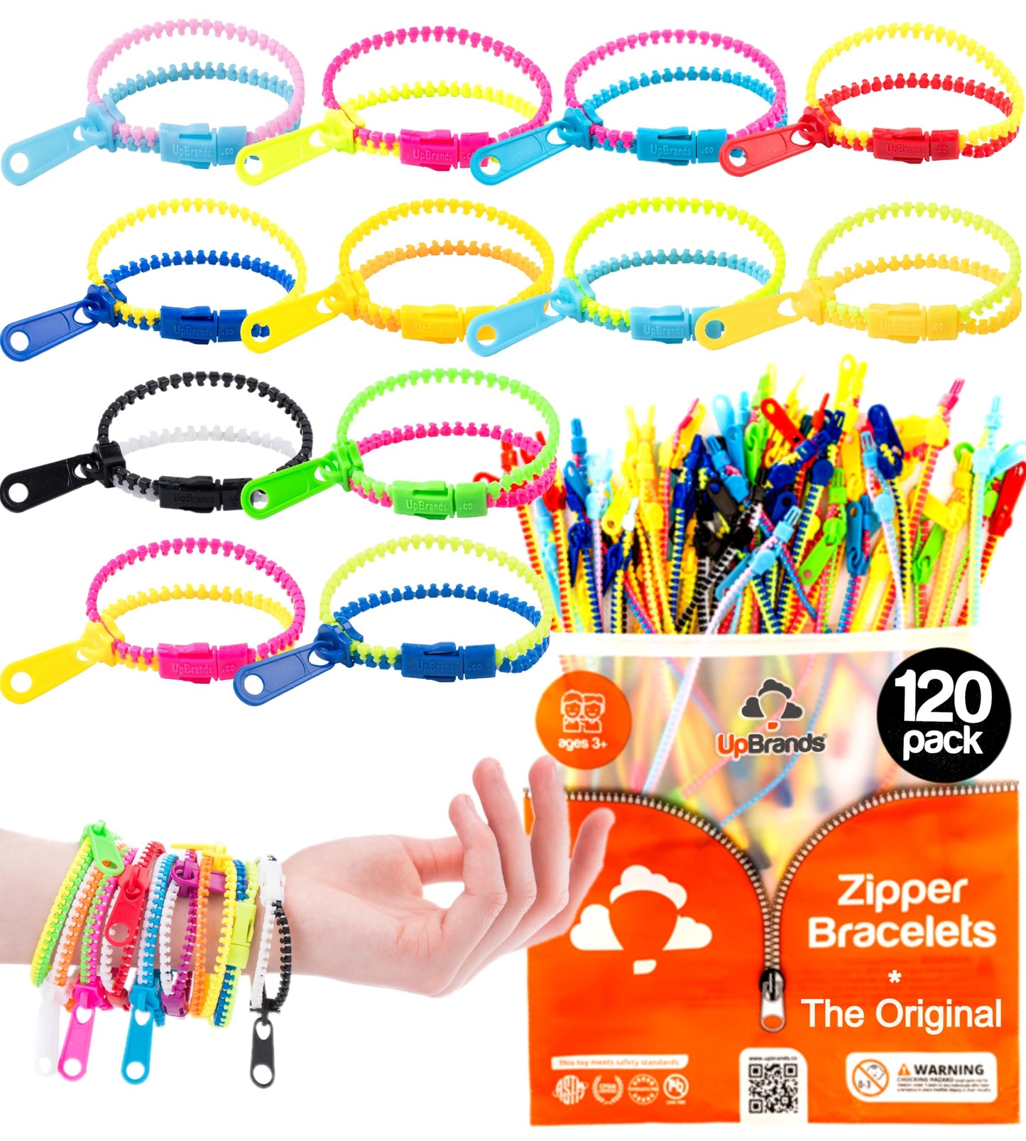 UpBrands 120 Students Incentives Friendship Zipper Bracelets 7.5”, Easter Favors for Kids, Stress Relief Quiet Fidget Toys, Kit for Kids Valentine Gifts, Goodie Bags, Easter Egg Fillers, School Prizes