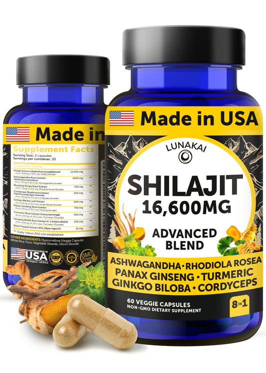 Lunakai USA Made Pure Shilajit Capsules with Ashwagandha, Rhodiola & Cordyceps - Extra Strength Shilajit Extract for Men & Women, 60ct