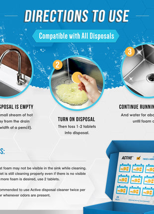 Garbage Disposal Cleaner Deodorizer Tablets - 24 Pack, New Powerful XL Foaming Tablet - Fresh Citrus Foam Sink Garburator Disposer Freshener, Natural Kitchen Drain Cleaning Care - 1 Year Supply