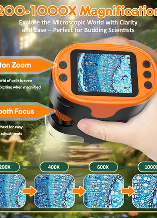 1000X Handheld Microscope for Kids 4K 2.0" Screen Rechargeable Mini Pocket Digital Microscopes w/Slides Kit Portable Edu Gift Age 4-6 8-12 Children Students