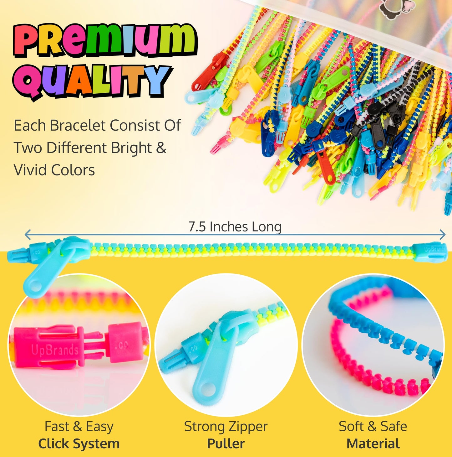UpBrands 120 Students Incentives Friendship Zipper Bracelets 7.5”, Easter Favors for Kids, Stress Relief Quiet Fidget Toys, Kit for Kids Valentine Gifts, Goodie Bags, Easter Egg Fillers, School Prizes