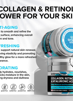 SimplyVital Collagen, Retinol & Hyaluronic Acid Cream - Anti-Aging Face Moisturizer for Face, Firming Skin Care Neck & Décolleté - Made in USA, Daily Moisturizer Face Cream Day & Night - 1.7 fl.oz.