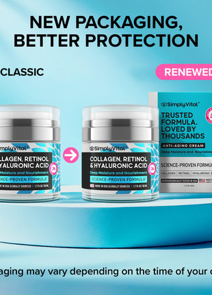SimplyVital Collagen, Retinol & Hyaluronic Acid Cream - Anti-Aging Face Moisturizer for Face, Firming Skin Care Neck & Décolleté - Made in USA, Daily Moisturizer Face Cream Day & Night - 1.7 fl.oz.