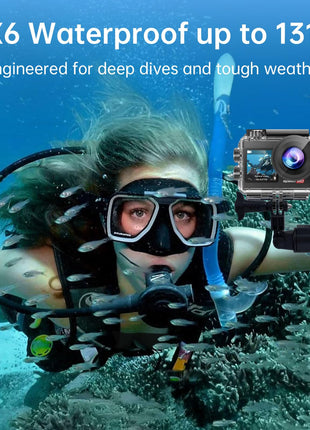 Action Camera 4K 60FPS with Touch Screen 20MP Waterproof Camera Underwater 131FT with EIS for Snorkeling Helmet Bike 170° Wide Angle Remote WiFi 5XZoom