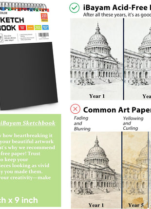 Soucolor 9" x 12" Sketch Book, 1-Pack 100 Sheets Spiral Bound Art Sketchbook, (68lb/100gsm) Acid Free Artist Drawing Book Paper Painting Drawing Writing Sketching Pad for Kids Adult Teens Girls Boys