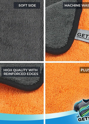 GETSVY Premium Microfiber 600 GSM Dual-Sided Microfiber Towels – Coral Fleece, 16x16 Inches, Ultra-Absorbent for Car Detailing, Home & Sports – 6-Pack, Orange & Charcoal Gray with Hanging Loop