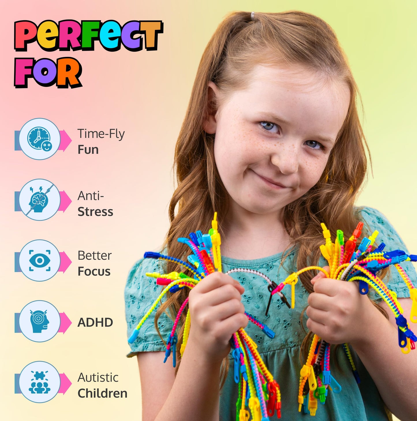 UpBrands 120 Students Incentives Friendship Zipper Bracelets 7.5”, Easter Favors for Kids, Stress Relief Quiet Fidget Toys, Kit for Kids Valentine Gifts, Goodie Bags, Easter Egg Fillers, School Prizes