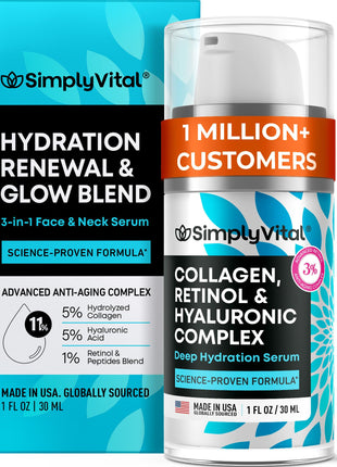 SimplyVital Collagen, Retinol & Hyaluronic Acid Serum - Anti-Aging Moisturizer for Face, Neck & Décolleté - Made in USA, Deep Moisturizing Skin Care Complex - Hydrating Facial Serum for Women, 1 fl.oz
