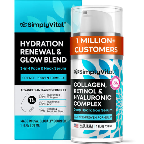 SimplyVital Collagen, Retinol & Hyaluronic Acid Serum - Anti-Aging Moisturizer for Face, Neck & Décolleté - Made in USA, Deep Moisturizing Skin Care Complex - Hydrating Facial Serum for Women, 1 fl.oz
