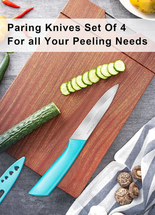 Henriqua Paring Knife Set of 4, Paring Knives With Cover, 4 inch Small Fruit Knife, Ultra Sharp Kitchen Knives，High Carbon Stainless Steel PP Plastic Handle
