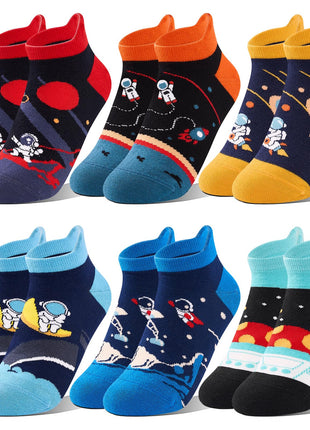 SukModen Kids Ankle Boys Socks, 6 Pairs Space Pattern No Show Funny Cute Cartoon Fun Boys Novelty Cotton Socks(5-8Y) in
