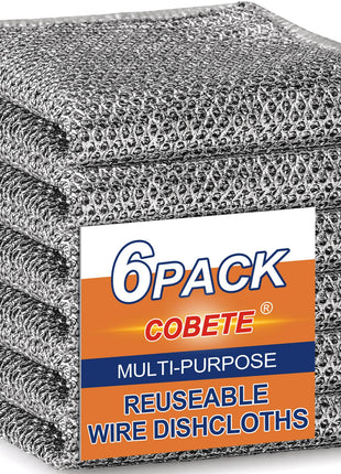 COBETE Non Scratch Wire Dishcloth,Double-Layer Wire Dishwashing Rags for Wet and Dry,Wire Miracle Cleaning Towels and Dish Cloths Multipurpose for Washing Dishes,Cookware, Sinks,Stove Tops,Pack of 6