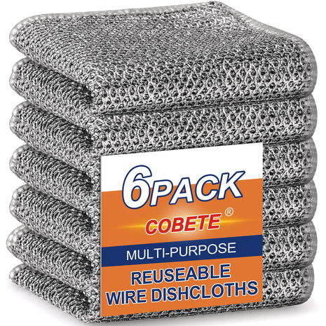 COBETE Non Scratch Wire Dishcloth,Double-Layer Wire Dishwashing Rags for Wet and Dry,Wire Miracle Cleaning Towels and Dish Cloths Multipurpose for Washing Dishes,Cookware, Sinks,Stove Tops,Pack of 6