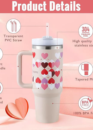 40 Oz Tumbler With Handle Straw Insulated, Stainless Steel Spill Proof Vacuum Coffee Cup Tumbler With Lid Tapered Mug Gifts For Valentine Lover Suitable For Car Gym Office Travel